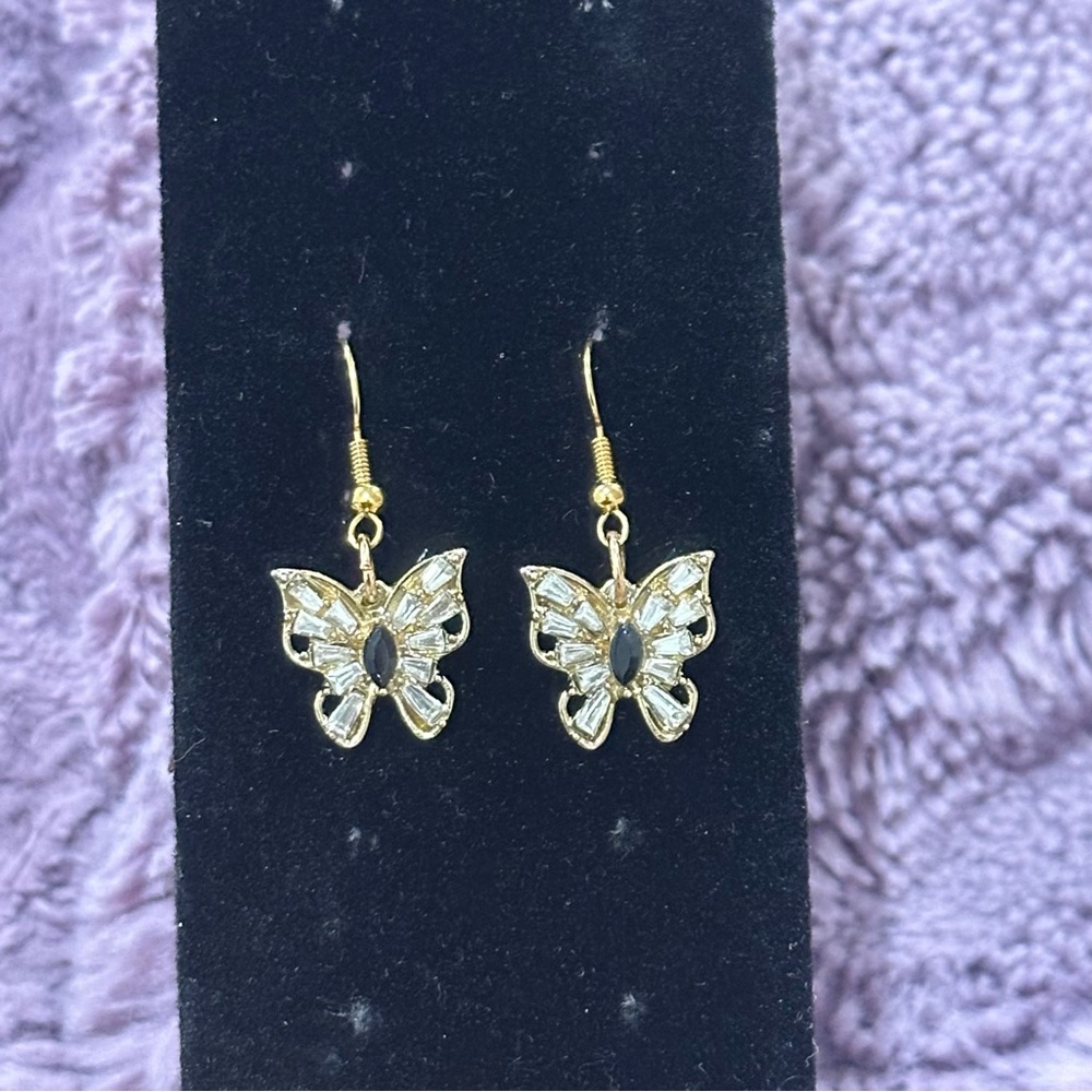 black gold butterfly dangle earrings